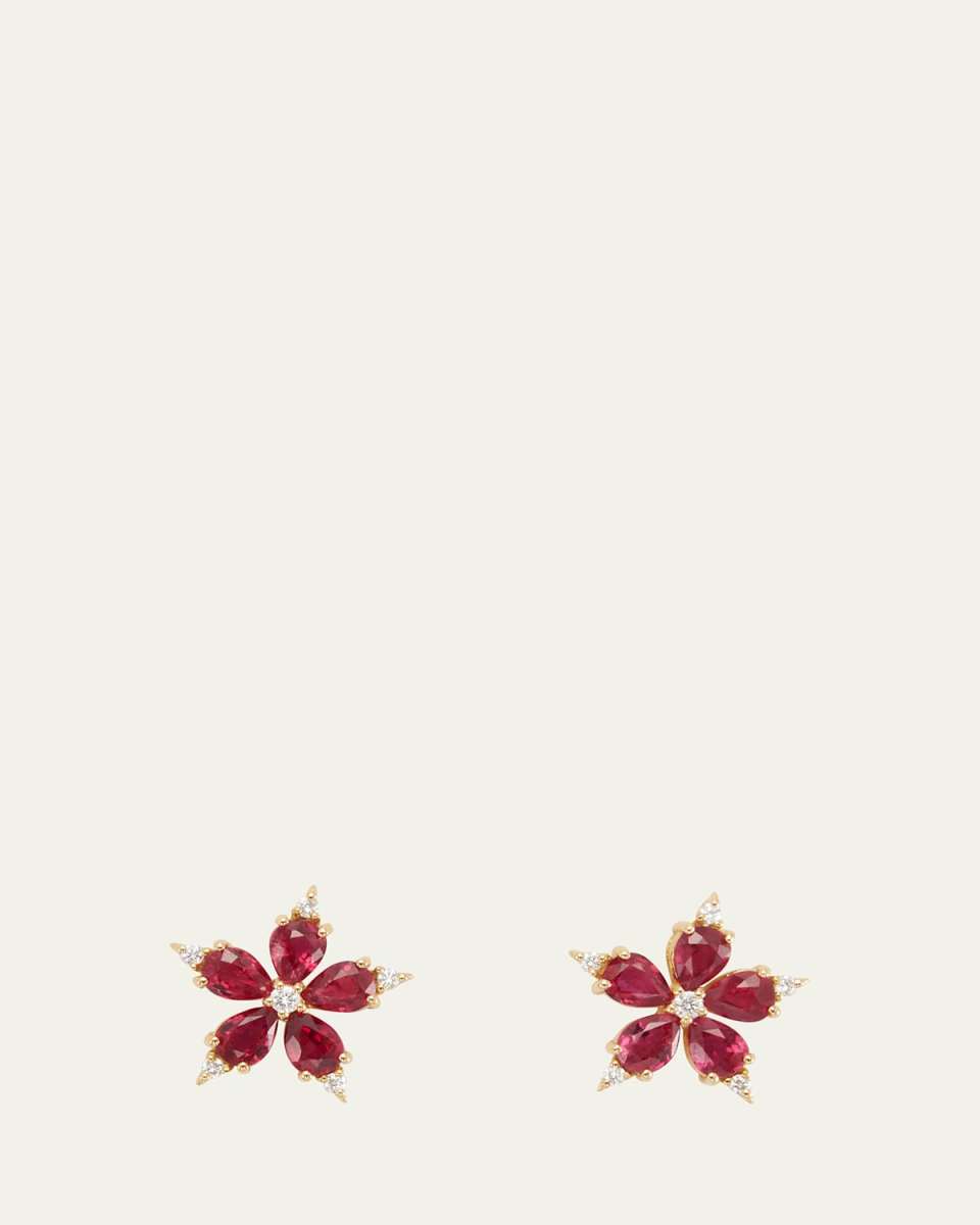 Yellow Gold Small Star Anis Earring with Ruby and Diamond